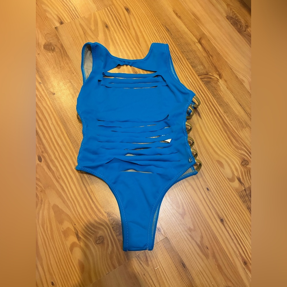 Sand Ravish Blue Cutout One Piece Swimsuit Gold Side Straps High Cut Monokini